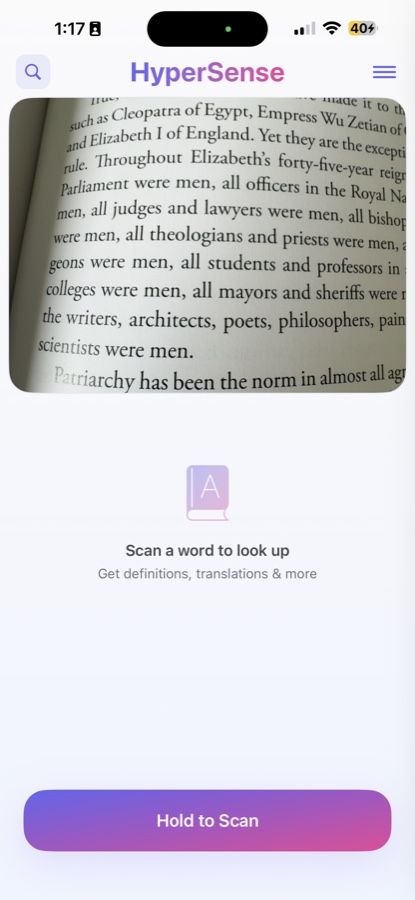 Live camera scanning a printed page