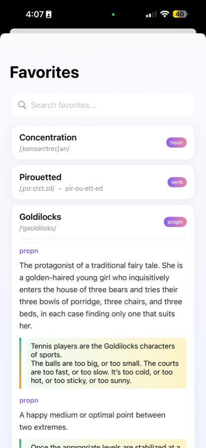 Favorites library with saved words